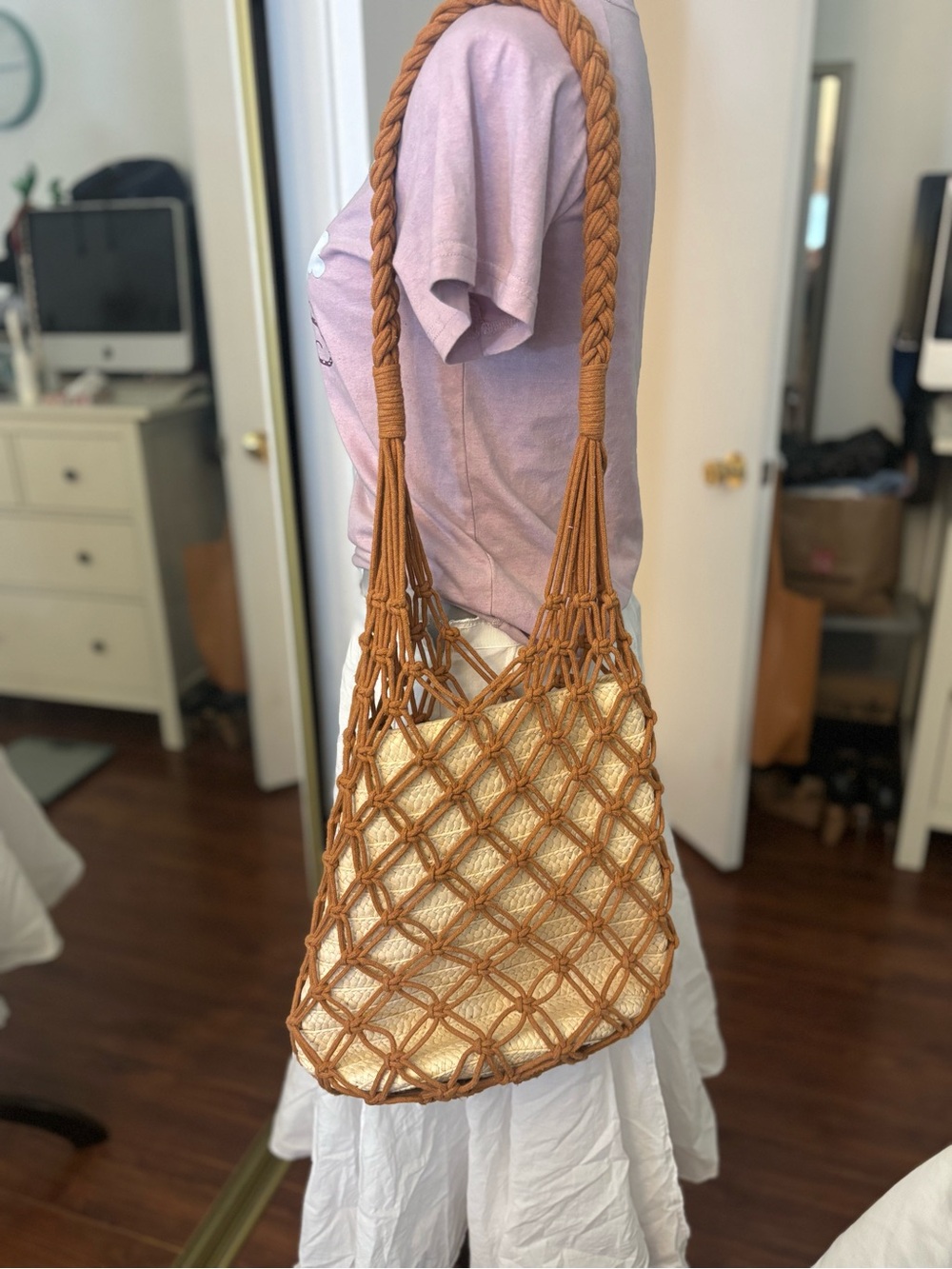 Woven Macramé Net Shoulder Bag with Cream Insert